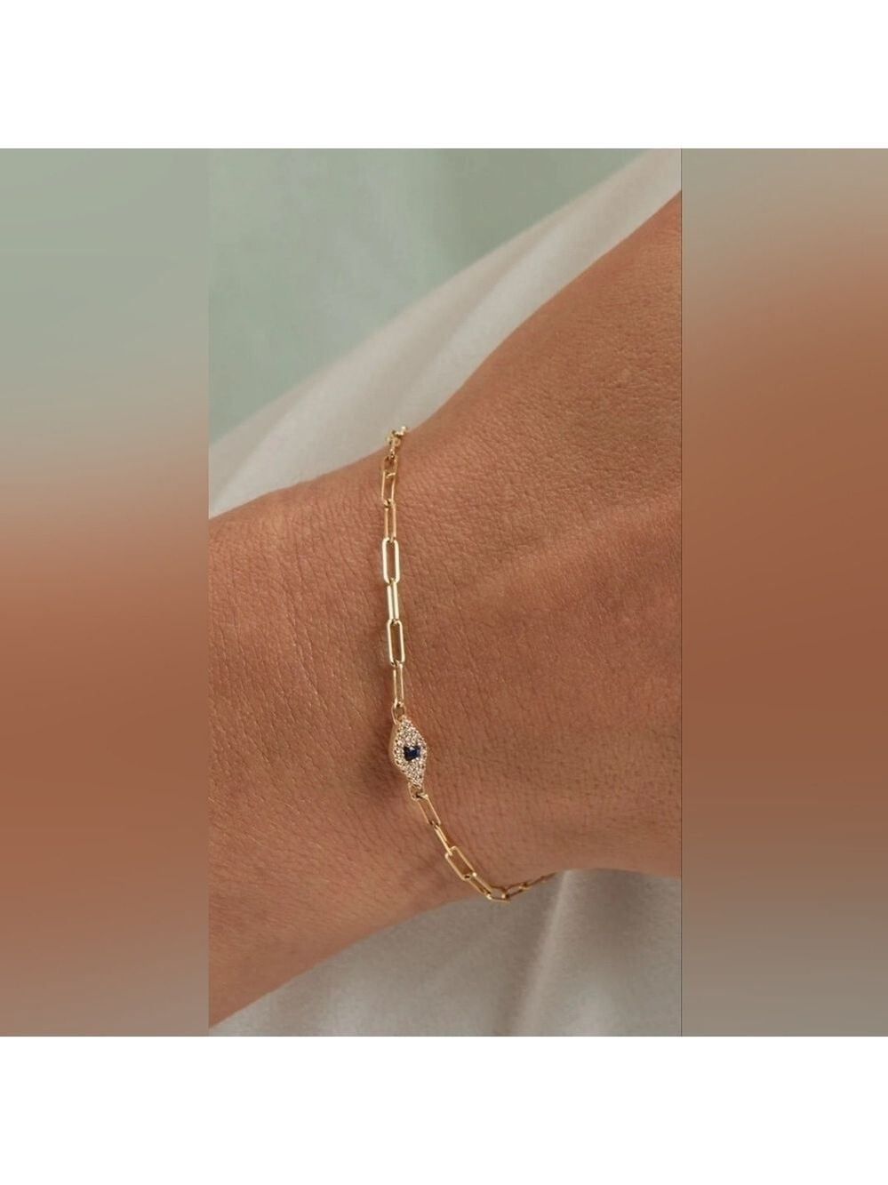 New Diamond Evil Eye Paperclip Bracelet - Picture 2 of 4